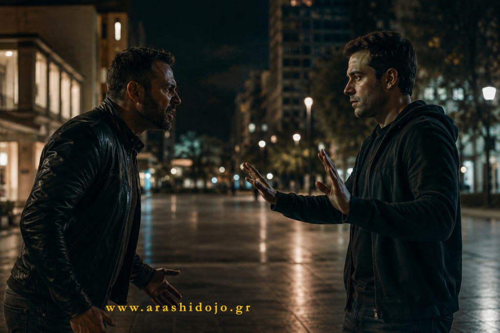 Λεκτική αποκλιμάκωση σύγκρουσης σε αστικό περιβάλλον νύχτα